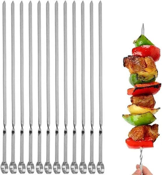 14 Inch Stainless Steel BBQ Skewers, 12 Pack Flat Metal Kabob Skewers, Reusable Grilling Shish Kebob Sticks for Meat, Shrimp, Vegetable Outdoor Barbecue
