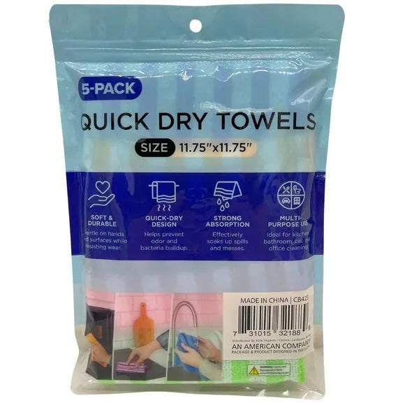 5 Pack Striped Quick Dry Cleaning Towels, 11.75" x 11.75", Super Absorbent Lint Free Reusable Kitchen Dish Cloths for Home Bathroom Car Cleaning