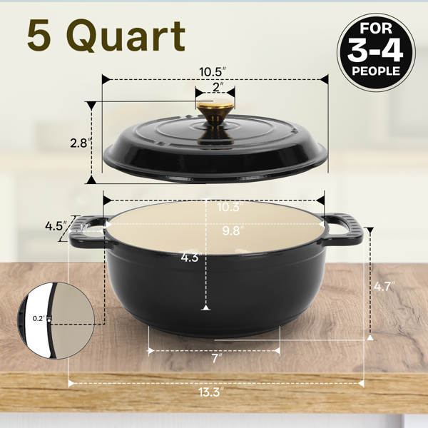 AEELLEEA 5 Quart Enameled Cast Iron Dutch Oven with Lid, Dual Handles, Induction Compatible, Black