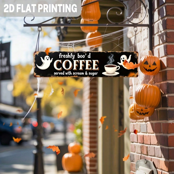 Halloween Metal Tin Sign, Funny "Boo'd Coffee" Ghost Pumpkin Wall Decor for Home Coffee Bar Party, 3.93×15.74 Inch