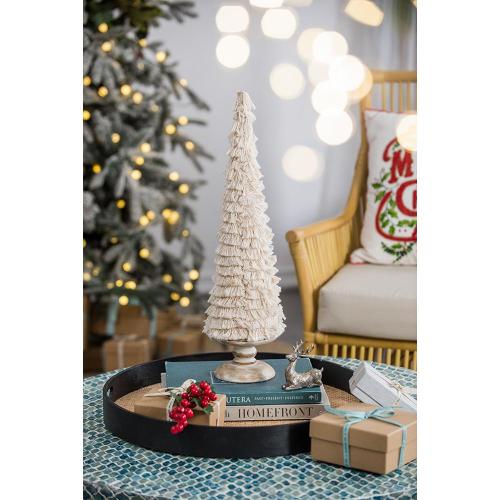 D3.9x15" Cream Fringe Embellished Cone Tree with Wooden Base, Rustic Tabletop Christmas Decoration for Mantel, Desk & Shelf.