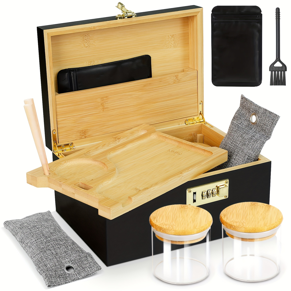 Premium Large Bamboo Box With Combination Lock Decorative Box For Home, Box Kit With Glass Jars And Organizer Tray - Storage Wood Box Accessories