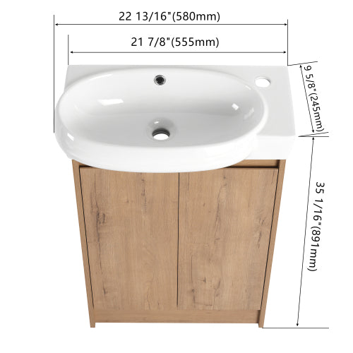 23 Inch Bathroom Vanity with Sink, Freestanding Light Oak Bathroom Cabinet with Ceramic Basin, Soft Close Door