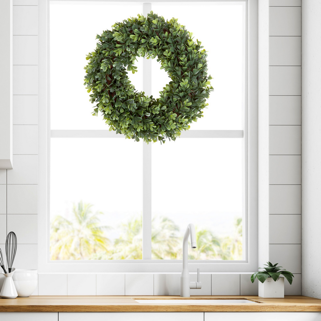 AEELLEEA 12 Inch Artificial Boxwood Wreath, UV Resistant Faux Greenery Wreath, All Season Indoor Outdoor Wreath for Front Door Window Wall Home Decor