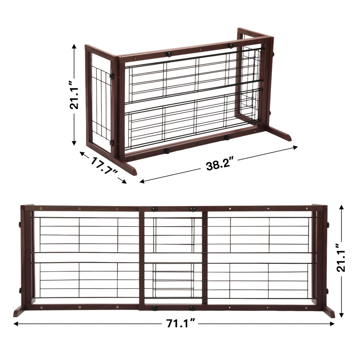 38"-71" Adjustable Wooden Pet Gate, Freestanding Dog Fence with Wire Mesh for Doorways & Stairs, Deep Brown