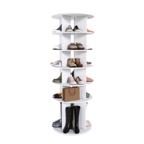 AEELLEEA 6-Tier 360° Rotating Shoe Rack Tower, Freestanding Spinning Shoe Organizer, Holds 30 Pairs, High Bottom for Long Boots, White