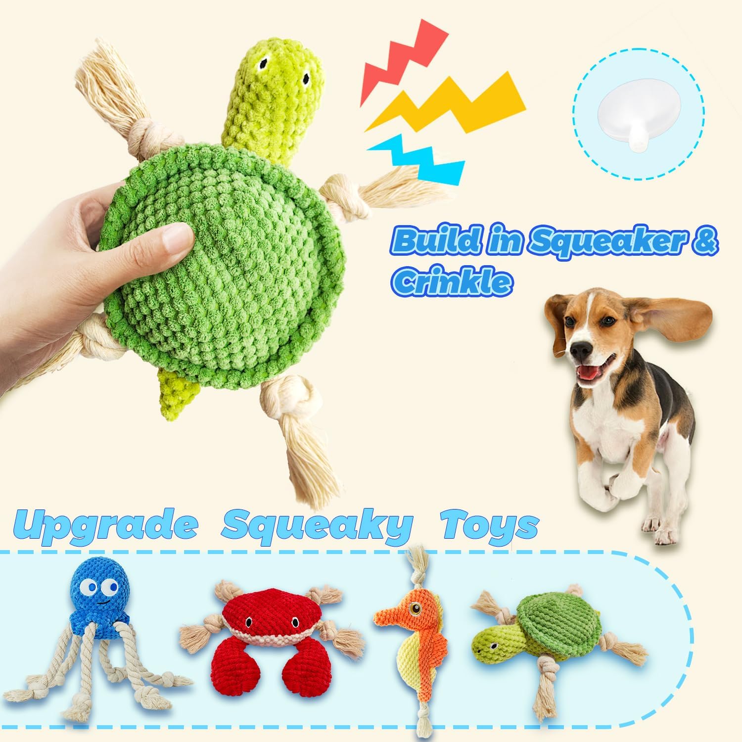 4-Pack Squeaky Dog Toys Set Sea Crinkle Plush Toy Rope Toys for Dogs Tug of War Toy & Oral Care Puppy Toys for Small Medium Large Dogs
