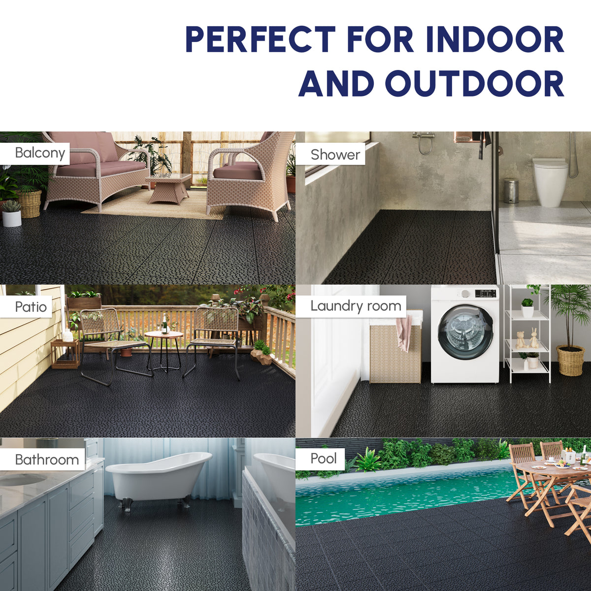 AEELLEEA 12x12 Inch Black Interlocking Deck Tiles, Pebble Pattern Plastic Floor Tiles, Waterproof Non-Slip, Pack of 60 for Bathroom, Patio, Balcony