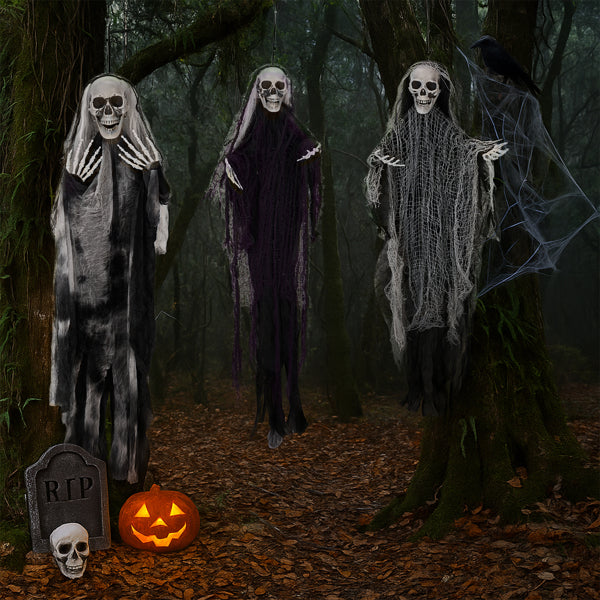 3‑Pack Hanging Skeleton Ghost Halloween Decor, Assorted Heights 3.8FT, 3FT, 3.3FT for Home Yard & Holiday Party Hanging Ornaments