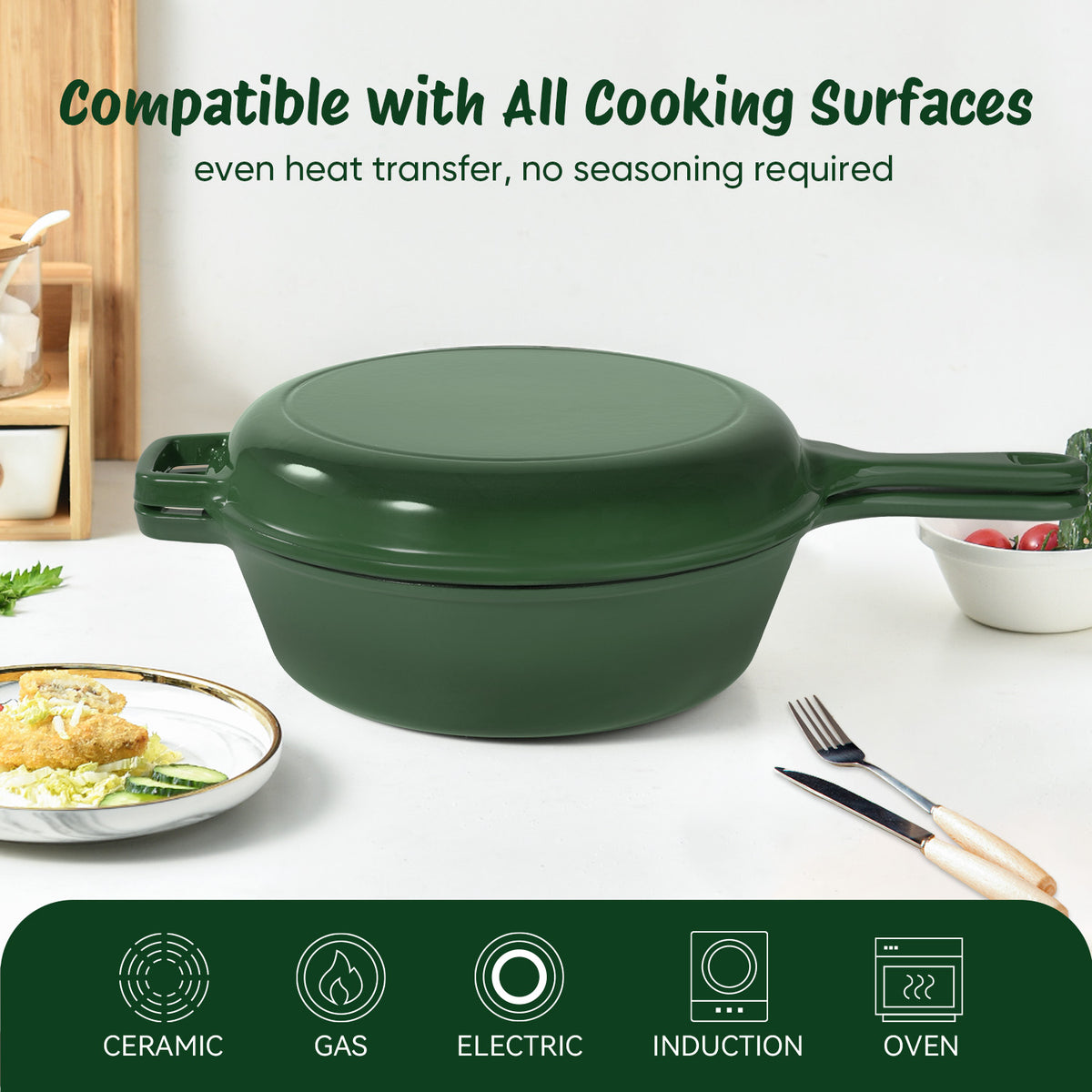 2-in-1 Enameled Cast Iron Combo Cooker, Dutch Oven with Skillet Lid, Multi-use Braising Pot for Stovetop & Oven, Green / Orange Available