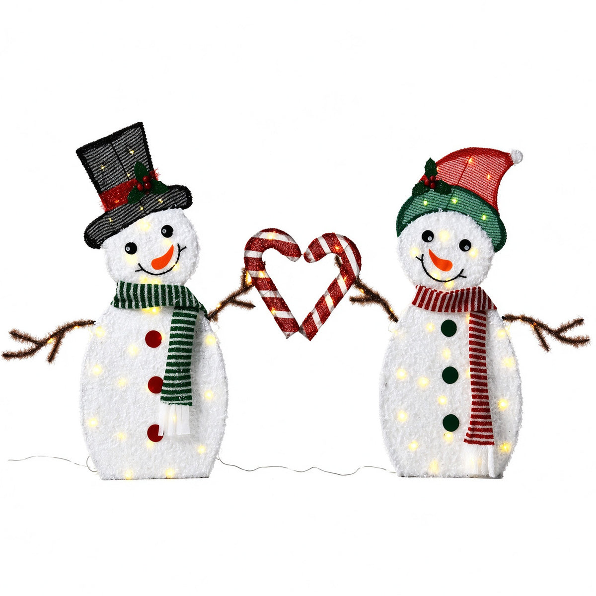 30 Inch Set of 2 Lighted Snowman Couple Christmas Decorations, 2D Tinsel Snowmen with Heart Candy Cane, Plug-in Light Up for Indoor Outdoor Xmas Winter Yard Lawn Garden Decor