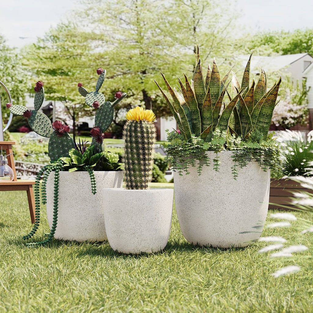AEELLEEA Set of 3 MGO Planters, 16.9/14/11.2 in Round Indoor Outdoor Flower Pots with Drainage Holes, Stackable, White