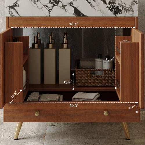 Bathroom Vanity with Sink, Wood Freestanding Vanity with Marble Top Double Doors and Drawer, Modern Vanity Cabinet