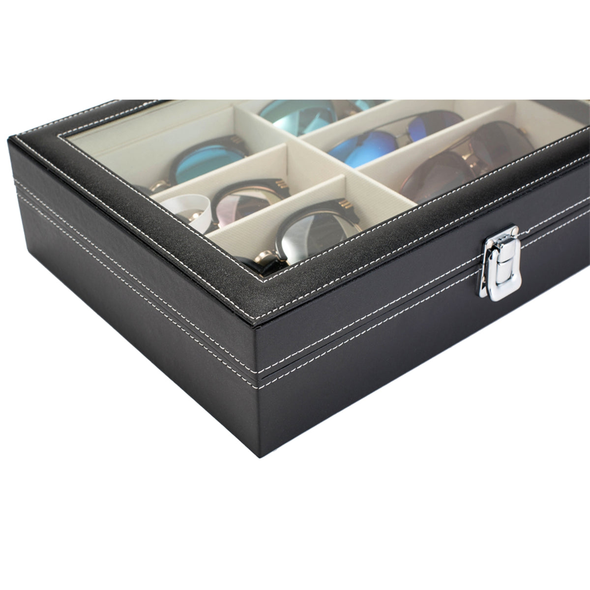AEELLEEA-Leather Multi Sunglasses Organizer for Women & Men, Eyeglass Display Storage Box with 8 Slots, Black Eyewear Holder for Sunglasses Collection