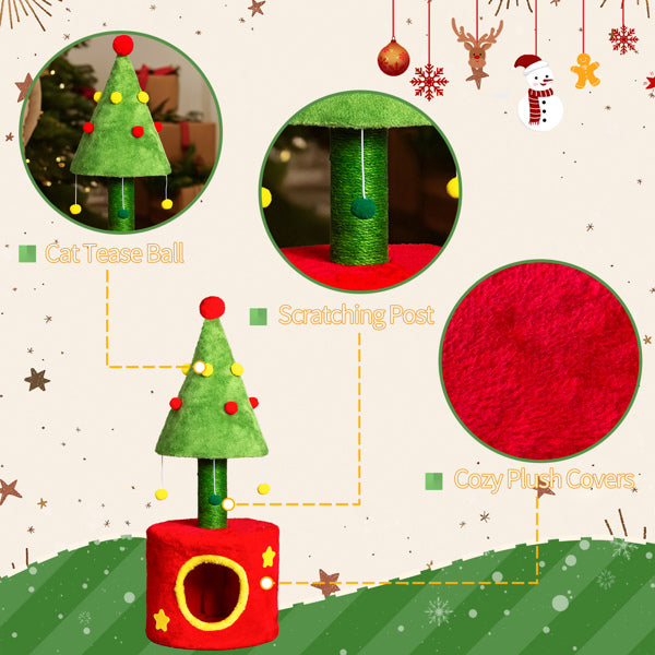 30 Inch Cat Scratching Post with Cat House, Small Cat Tree Tower with Sisal Scratching Post and Hanging Plush Balls, Indoor Kitten Cat Tree with Cozy Nest, Red & Green