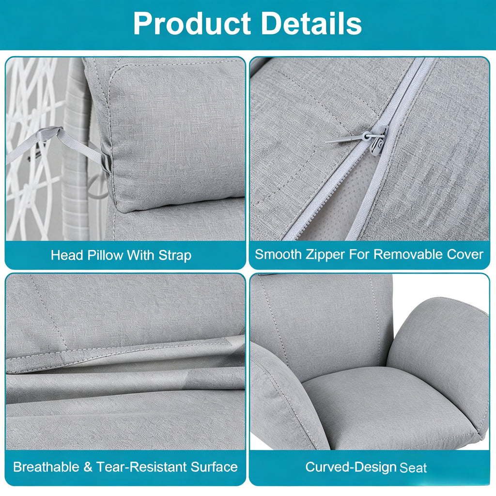 Hanging Egg Chair Cushion with Head Pillow, Thick Hollow Cotton Replacement Pad, Removable Washable Polyester Cover for Indoor Outdoor Wicker Swing Chair