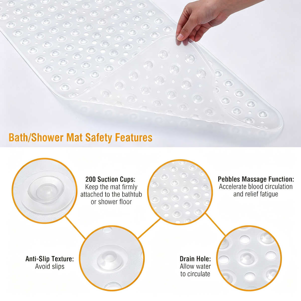 BPA Free PVC Non Slip Shower Mat with 200 Suction Cups & Drain Holes, Pebble Massage Bath Mat Machine Washable for Bathroom Tub