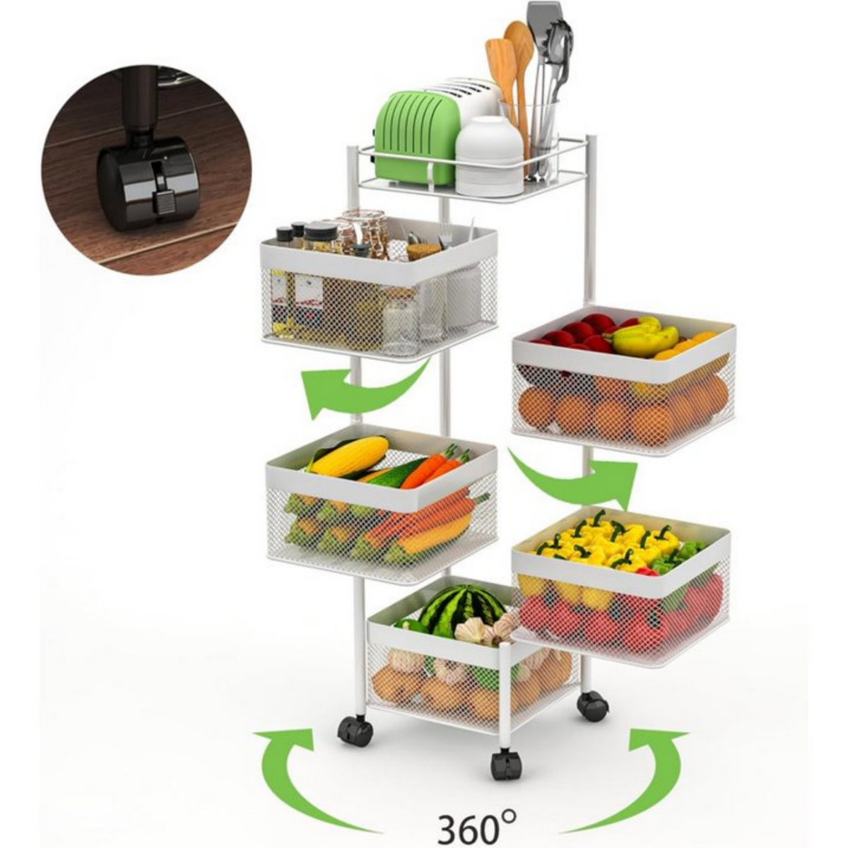 AEELLEEA 5-Tier Rotating Kitchen Storage Cart, Metal Mesh Basket with Lockable Wheels, Mobile Organizer for Kitchen & Bathroom