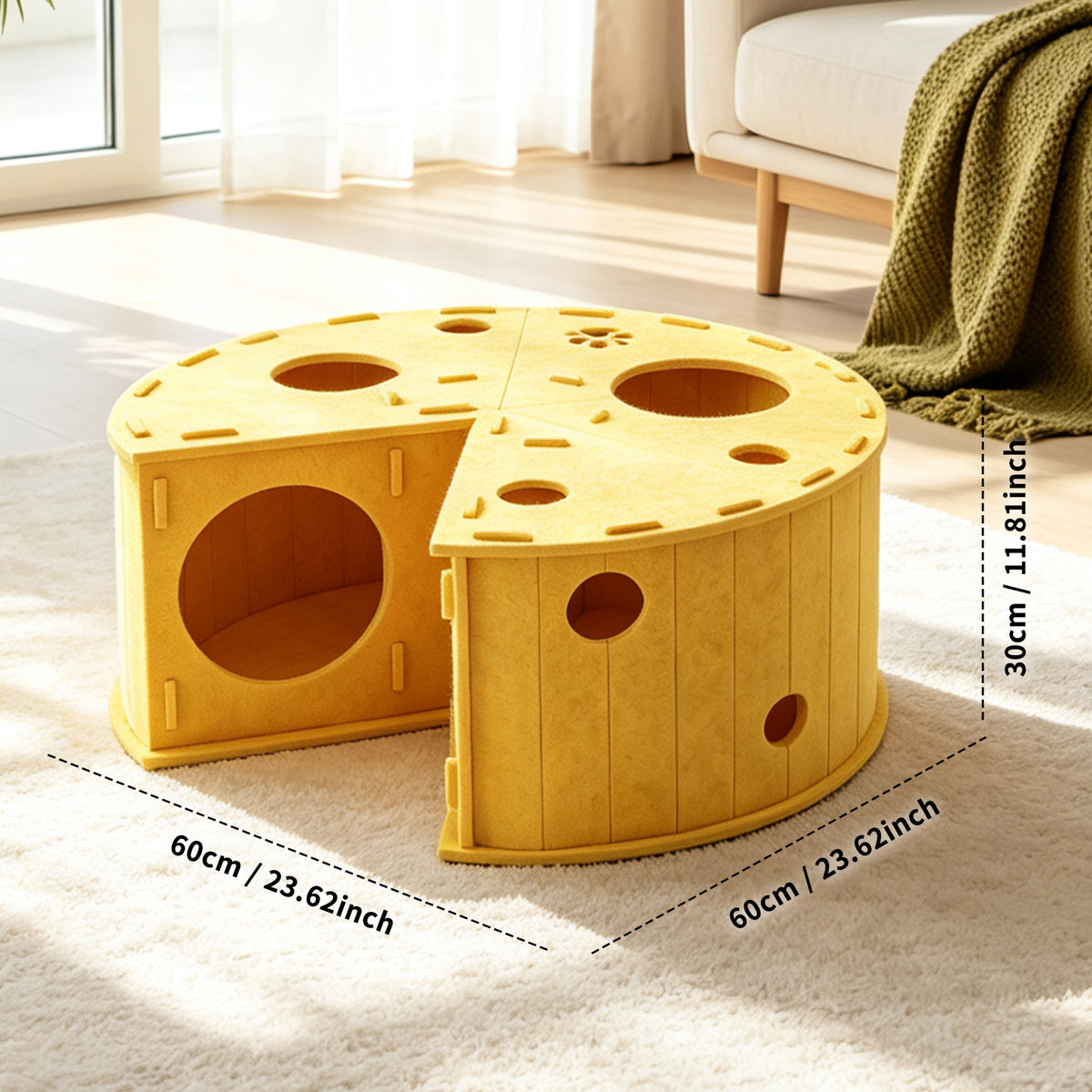 Felt Cat Tunnel Bed with Scratcher and Interactive Hanging Toy Ball, Cheese-Shaped Cat Tunnel House for Play, Rest & Hideaway