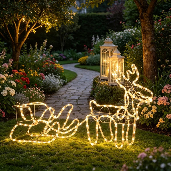 Aeelleea 35 Inch Christmas Reindeer & Sleigh LED Light, Warm White Steel Frame Lighted Decor for Indoor Outdoor Yard Holiday Display