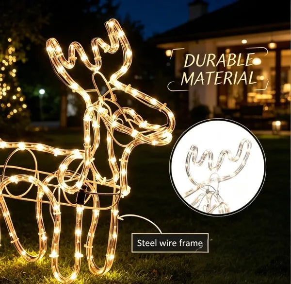 Aeelleea 35 Inch Christmas Reindeer & Sleigh LED Light, Warm White Steel Frame Lighted Decor for Indoor Outdoor Yard Holiday Display