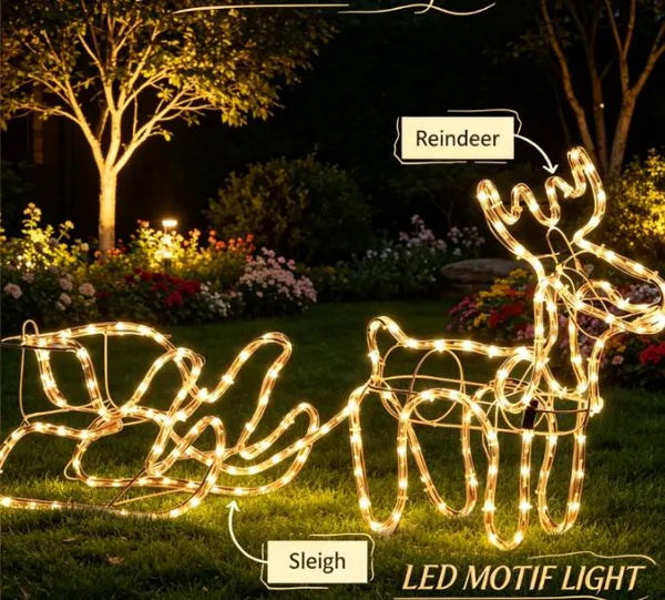 Aeelleea 35 Inch Christmas Reindeer & Sleigh LED Light, Warm White Steel Frame Lighted Decor for Indoor Outdoor Yard Holiday Display