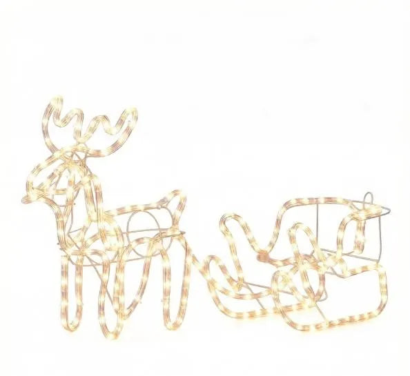 Aeelleea 35 Inch Christmas Reindeer & Sleigh LED Light, Warm White Steel Frame Lighted Decor for Indoor Outdoor Yard Holiday Display