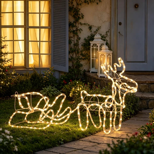 Aeelleea 35 Inch Christmas Reindeer & Sleigh LED Light, Warm White Steel Frame Lighted Decor for Indoor Outdoor Yard Holiday Display