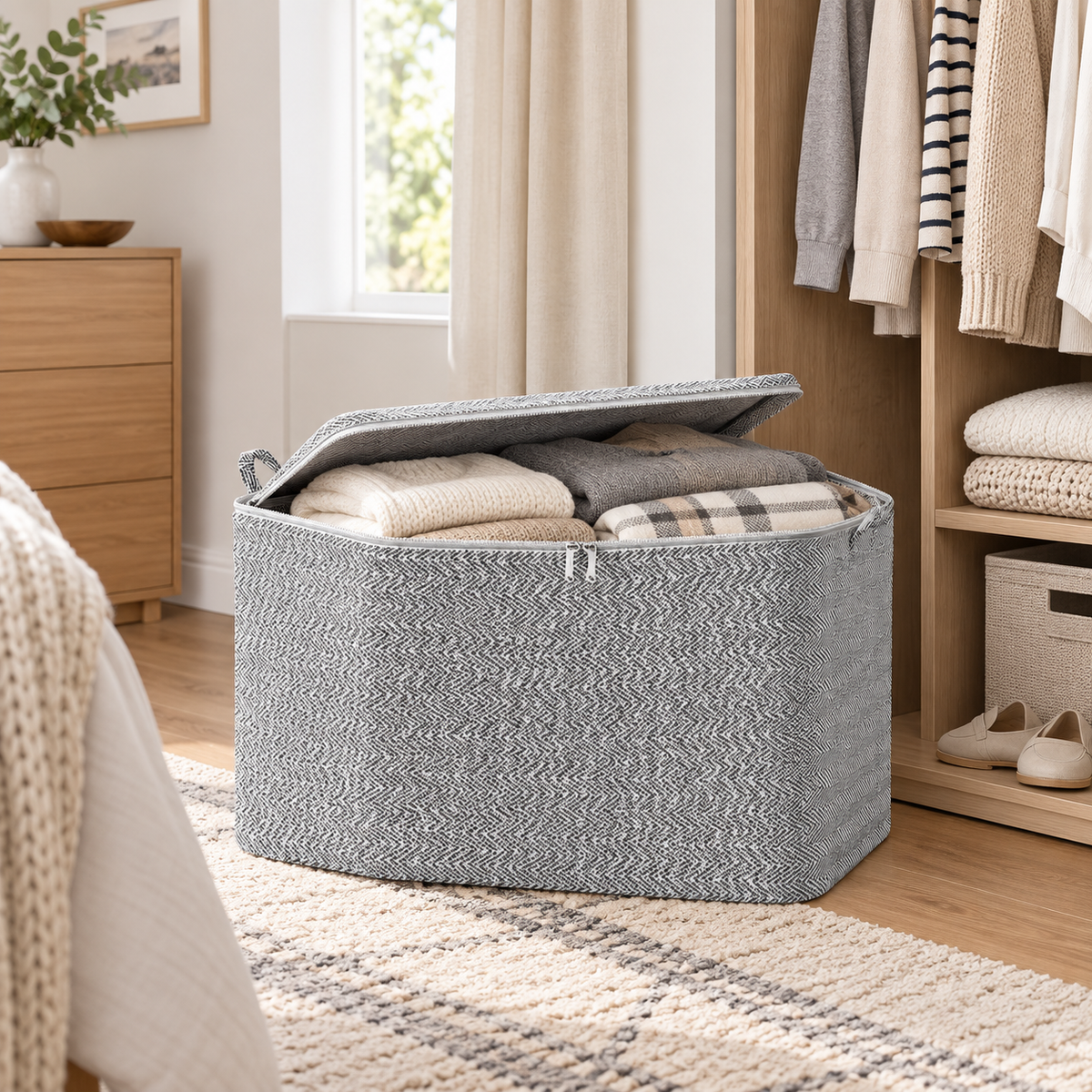 220L Large Fabric Storage Bin with Zipper Lid, Herringbone Foldable Clothes Blanket Organizer with Handles for Closet Bedroom Laundry