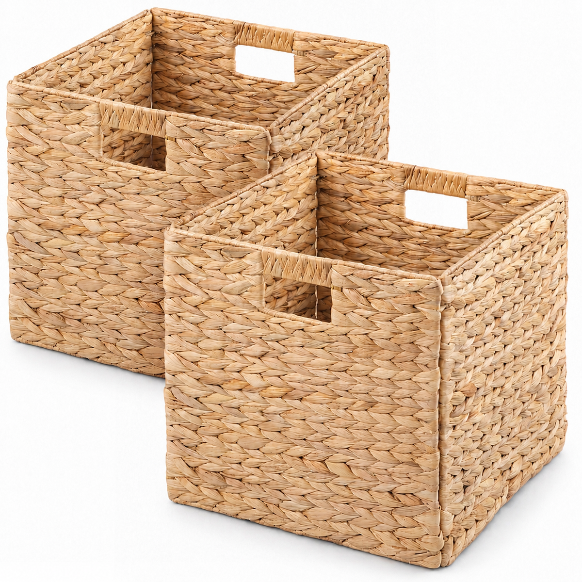 Water Hyacinth Folding Storage Baskets, Set of 2, 12.6" x 12.6" x 12.6", Handwoven Cube Baskets with Cutout Handles – Shelf Organizer