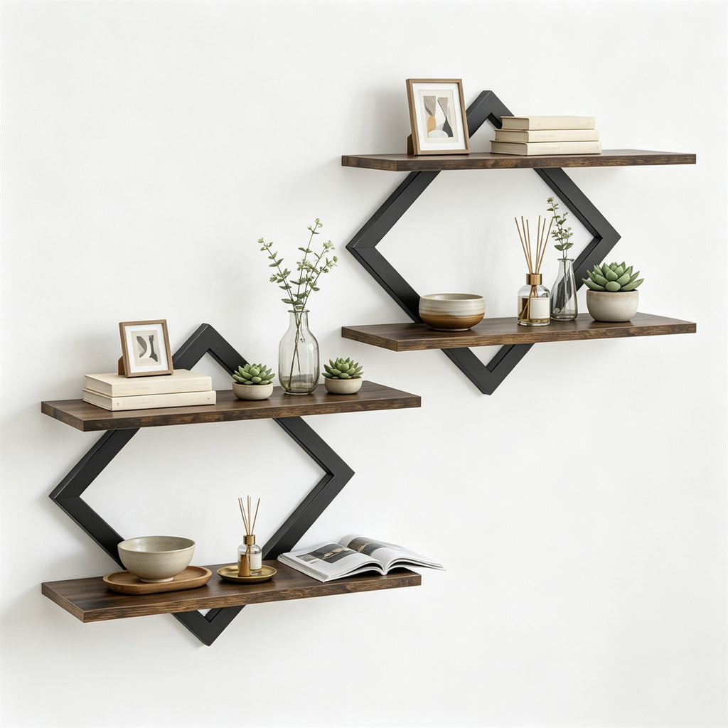 2 Pack Diamond Floating Wall Shelves, Rustic Wood & Metal Double Tier Wall Mount Shelf for Bedroom Living Room Kitchen Decor