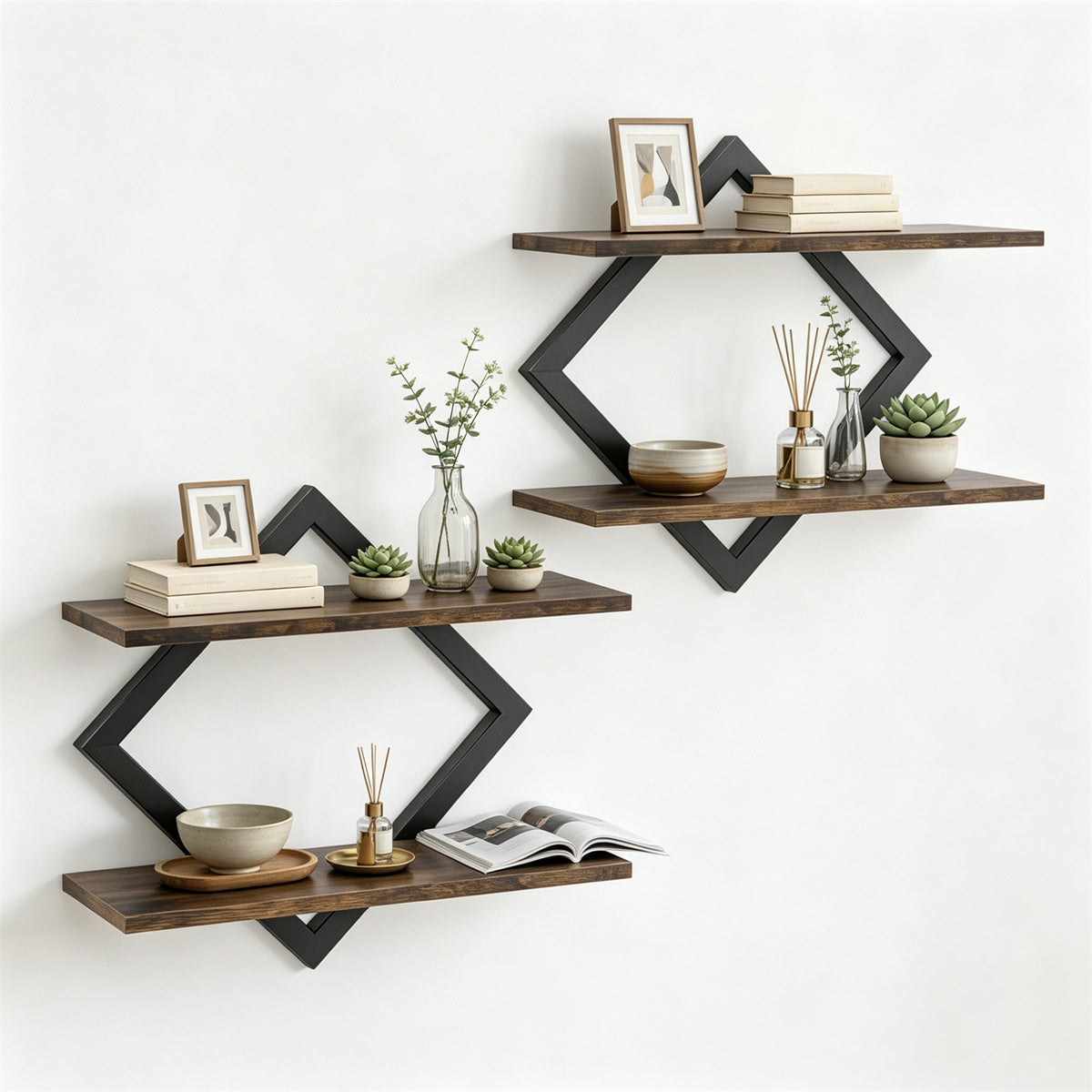 2 Pack Diamond Floating Wall Shelves, Rustic Wood & Metal Double Tier Wall Mount Shelf for Bedroom Living Room Kitchen Decor
