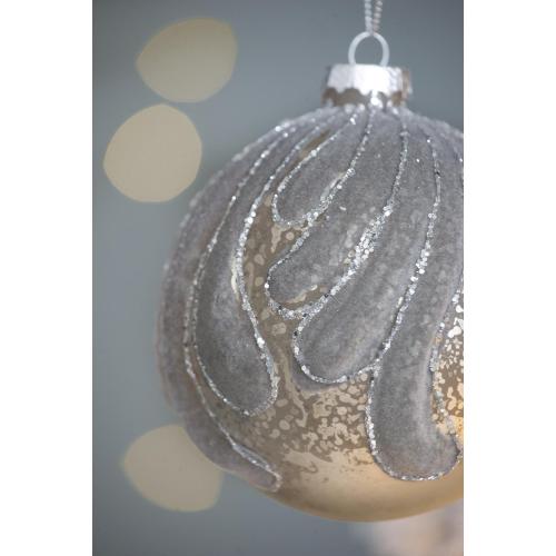 AEELLEEA 3.9" Grey Flocked Wave Glass Christmas Ornaments Set of 6, Silver Glitter Hanging Baubles for Xmas Tree Holiday Decor