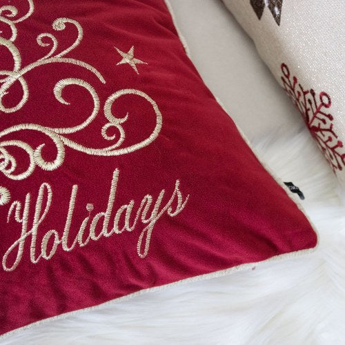 AEELLEEA Happy Holidays Embroidered Velvet Throw Pillow, 20x20in Square Cushion with Gold Tree & Star Embroidery, Soft Plush Insert Included for Holiday Home Decor
