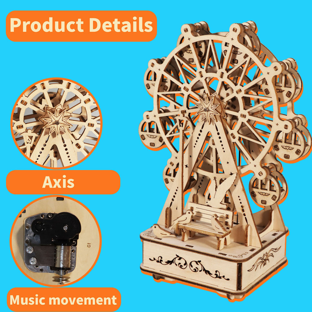 Wooden Ferris Wheel 3D Puzzle Music Box, No Glue Assembly DIY Wood Model Kit, Decorative Musical Ornament Gift for Adults Teens