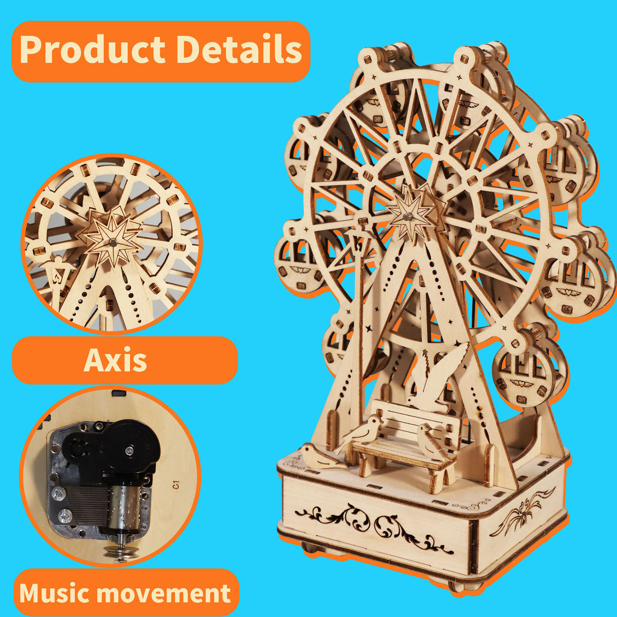Wooden Ferris Wheel 3D Puzzle Music Box, No Glue Assembly DIY Wood Model Kit, Decorative Musical Ornament Gift for Adults Teens