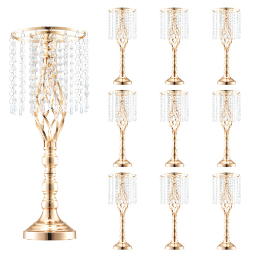 Set of 10 Gold Crystal Wedding Flower Stands, 21.65 Inch Tall Metal Floral Centerpieces for Party Reception Decor