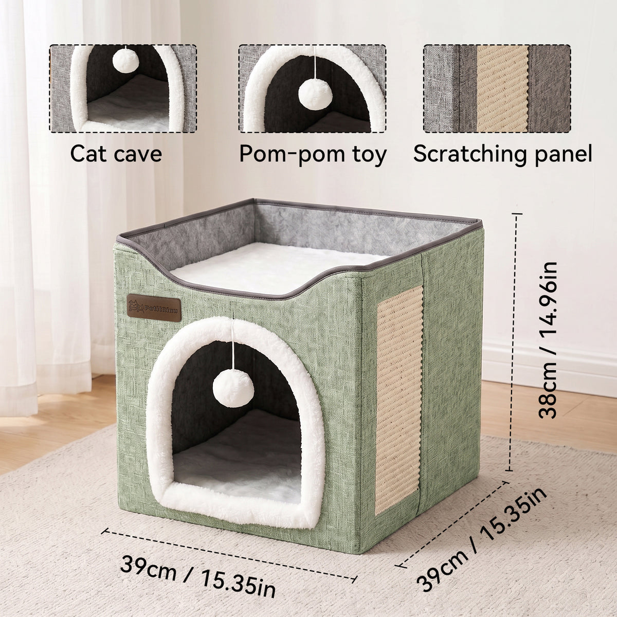 3-in-1 Foldable Cat House, Enclosed Cat Cave Bed with Scratching Pad & Hanging Pom-Pom Toy, Multi-Functional Cat Hideaway for Indoor Cats