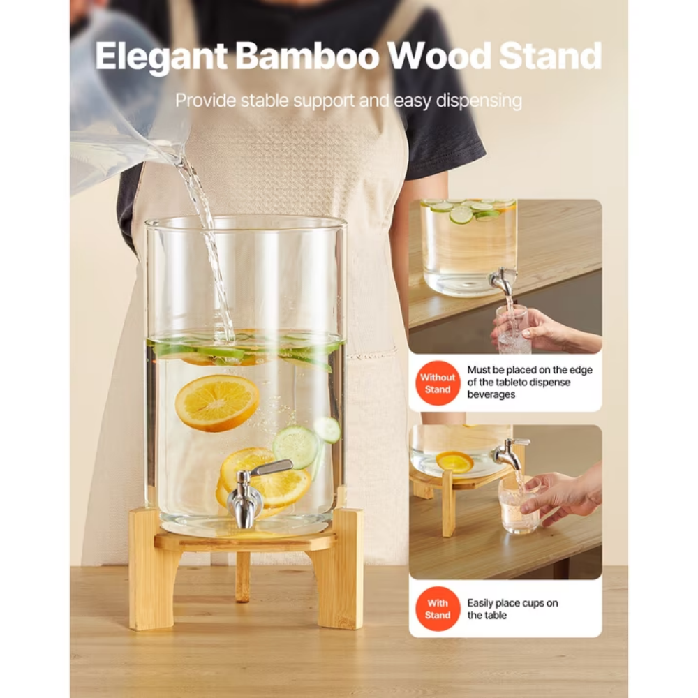 AEELLEEA 2.2 Gallon (8L) Glass Beverage Dispenser with Bamboo Stand, Stainless Steel Spigot & Bamboo Lid for Party, Home Drink Storage