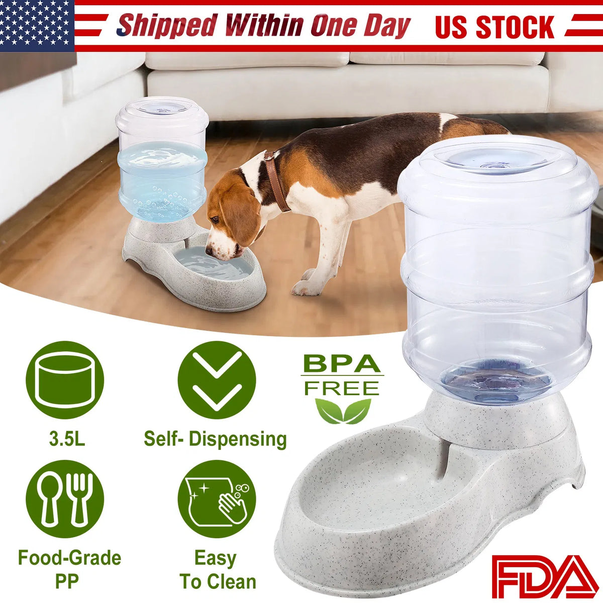 AEELLEEA 1 Gallon Automatic Gravity Pet Water Dispenser, Waterer Bowl for Cats and Dogs, Food-Grade PP, No Electricity, Anti-Slip