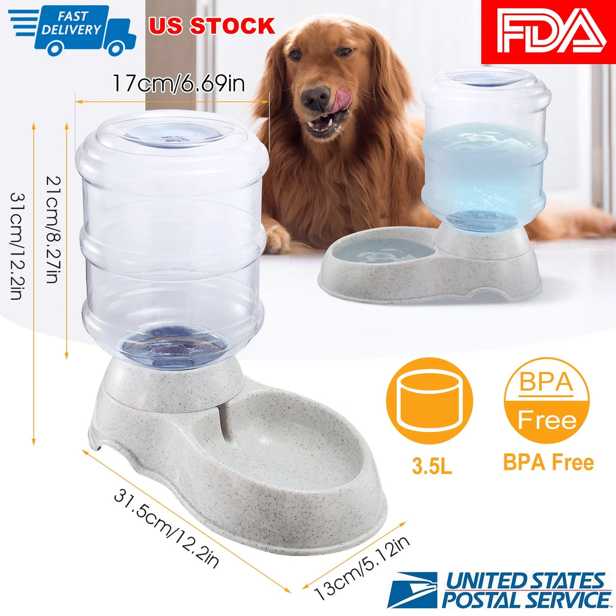 AEELLEEA 1 Gallon Automatic Gravity Pet Water Dispenser, Waterer Bowl for Cats and Dogs, Food-Grade PP, No Electricity, Anti-Slip
