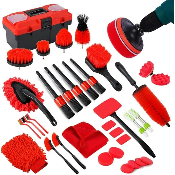 Aeelleea 35Pcs Car Detailing Cleaning Kit with Storage Box, Auto Interior Exterior Care Brushes & Windshield Cleaning Tool