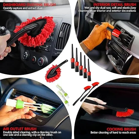 Aeelleea 35Pcs Car Detailing Cleaning Kit with Storage Box, Auto Interior Exterior Care Brushes & Windshield Cleaning Tool