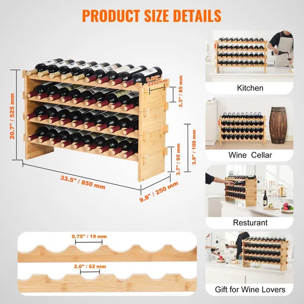 36 Bottle Stackable Modular Wine Rack, Solid Pine Wood Freestanding Wine Storage Display Shelf for Kitchen Home Bar