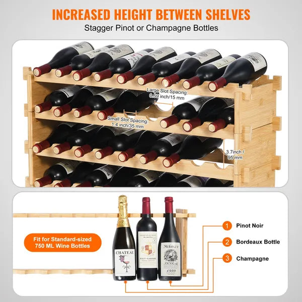 36 Bottle Stackable Modular Wine Rack, Solid Pine Wood Freestanding Wine Storage Display Shelf for Kitchen Home Bar
