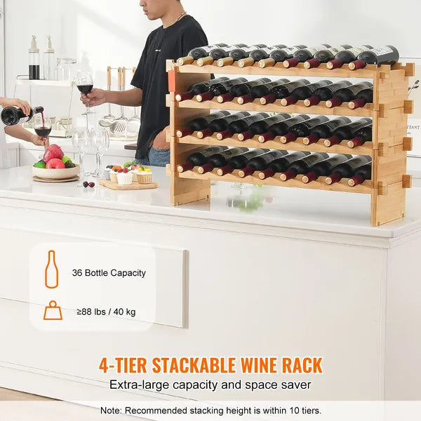 36 Bottle Stackable Modular Wine Rack, Solid Pine Wood Freestanding Wine Storage Display Shelf for Kitchen Home Bar