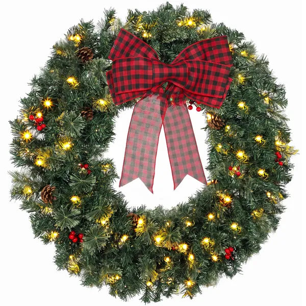 Aeelleea 36 Inch Pre-Lit Crestwood Spruce Artificial Christmas Wreath, 8 Light Modes, Buffalo Plaid Bow, Red Berries & Pine Cones Holiday Decor