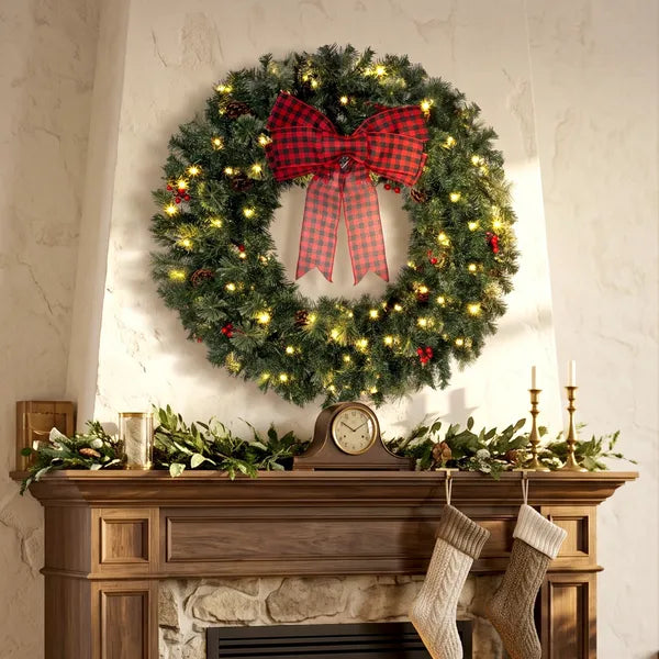 Aeelleea 36 Inch Pre-Lit Crestwood Spruce Artificial Christmas Wreath, 8 Light Modes, Buffalo Plaid Bow, Red Berries & Pine Cones Holiday Decor