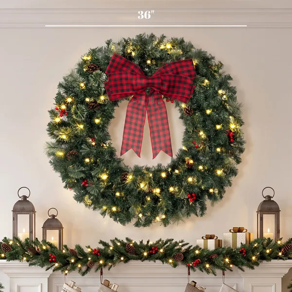 Aeelleea 36 Inch Pre-Lit Crestwood Spruce Artificial Christmas Wreath, 8 Light Modes, Buffalo Plaid Bow, Red Berries & Pine Cones Holiday Decor