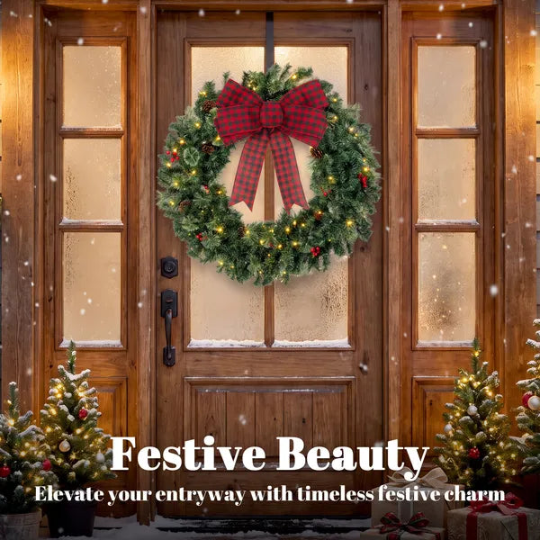 Aeelleea 36 Inch Pre-Lit Crestwood Spruce Artificial Christmas Wreath, 8 Light Modes, Buffalo Plaid Bow, Red Berries & Pine Cones Holiday Decor